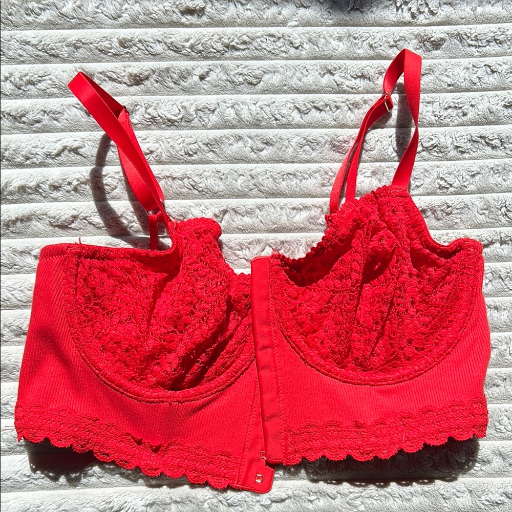Aerie Red Lace Balconette Bra with Scalloped Trim